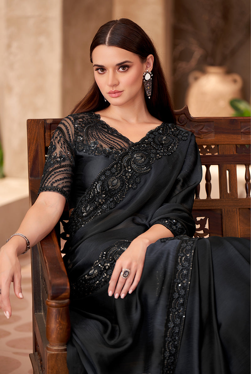 Monjolika Fashion Black Color Embroidery Work Chiffon Silk Party Wear Saree | Grocsy