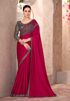Monjolika Fashion Raspberry Color Embroidery Work Chiffon Silk Party Wear Saree | Grocsy