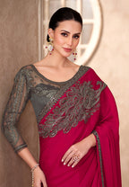 Monjolika Fashion Raspberry Color Embroidery Work Chiffon Silk Party Wear Saree | Grocsy