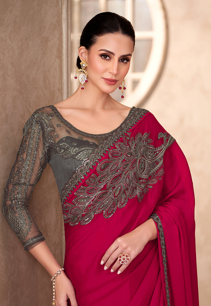 Monjolika Fashion Raspberry Color Embroidery Work Chiffon Silk Party Wear Saree | Grocsy