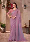 Monjolika Fashion Mauve Pink Georgette Embroidered Border Work Function Wear Saree | Grocsy