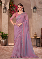 Monjolika Fashion Mauve Pink Georgette Embroidered Border Work Function Wear Saree | Grocsy