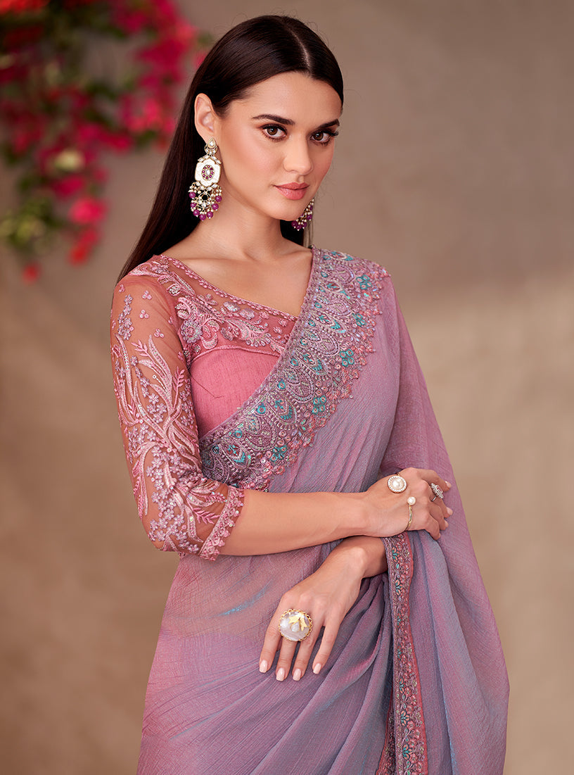 Monjolika Fashion Mauve Pink Georgette Embroidered Border Work Function Wear Saree | Grocsy