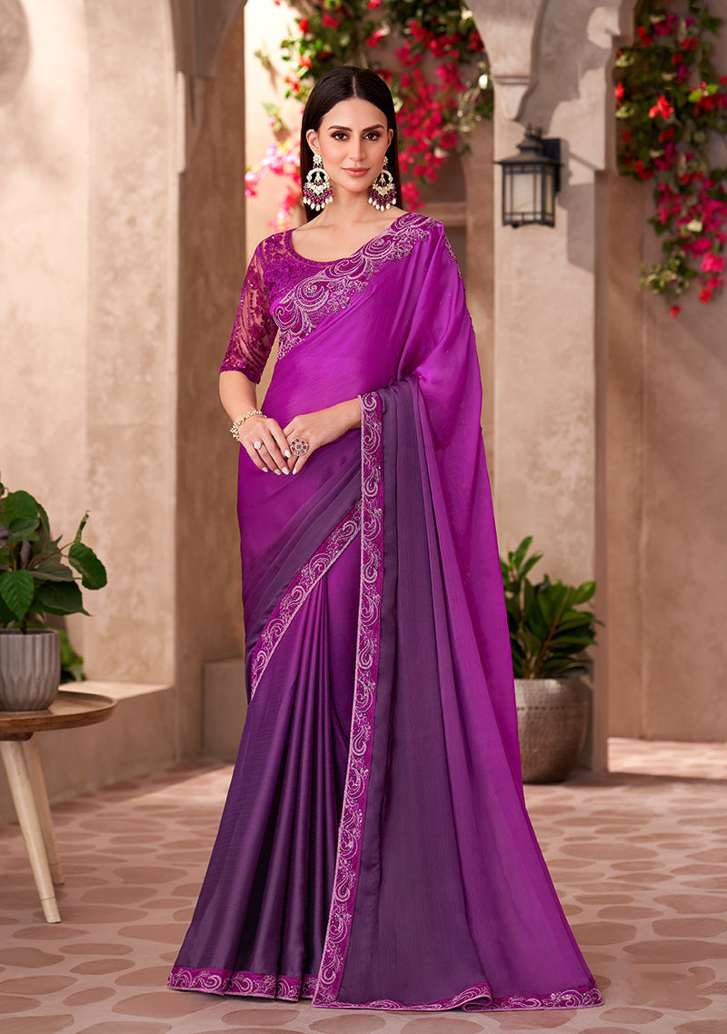 Monjolika Fashion Purple Color Embroidery Work Chiffon Silk Party Wear Saree | Grocsy