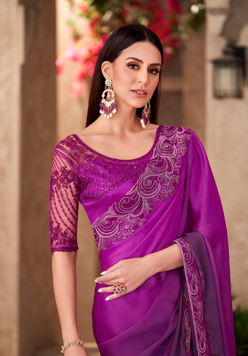 Monjolika Fashion Purple Color Embroidery Work Chiffon Silk Party Wear Saree | Grocsy