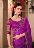 Monjolika Fashion Purple Color Embroidery Work Chiffon Silk Party Wear Saree | Grocsy