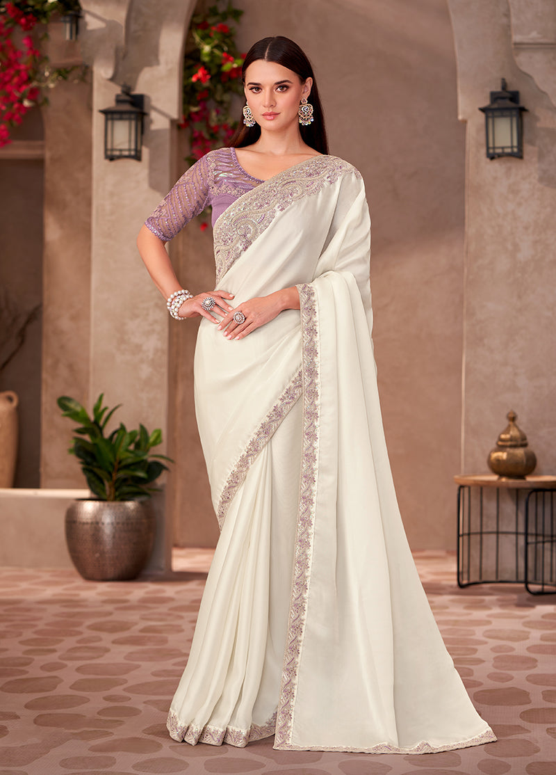 Monjolika Fashion White Georgette Embroidered Border Work Party Wear Saree | Grocsy