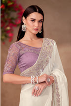 Monjolika Fashion White Georgette Embroidered Border Work Party Wear Saree | Grocsy