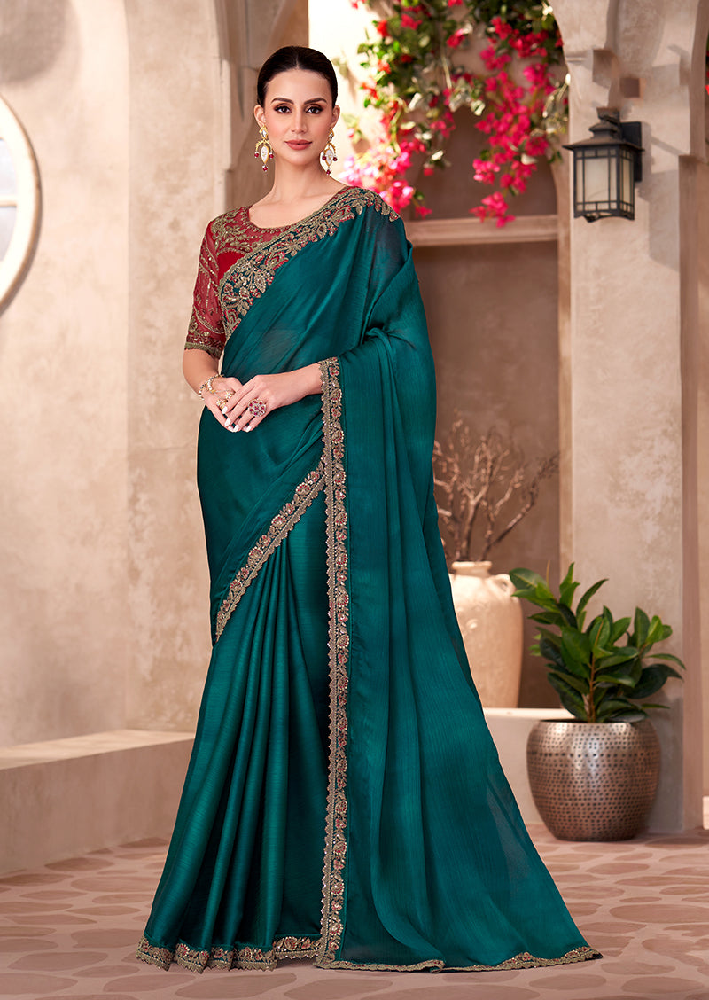 Monjolika Fashion Teal Green Color Embroidery Work Chiffon Silk Party Wear Saree | Grocsy