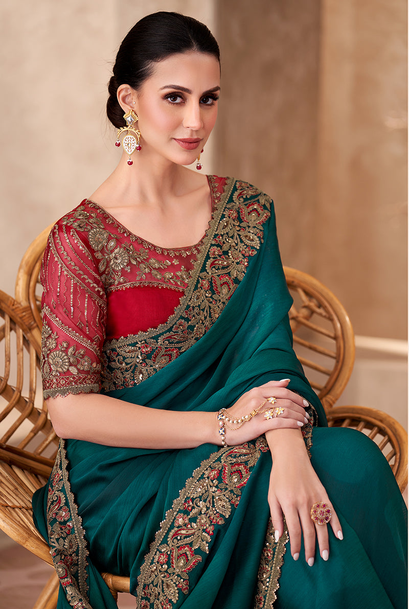 Monjolika Fashion Teal Green Color Embroidery Work Chiffon Silk Party Wear Saree | Grocsy