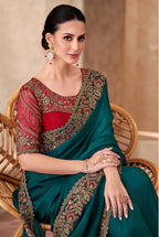 Monjolika Fashion Teal Green Color Embroidery Work Chiffon Silk Party Wear Saree | Grocsy