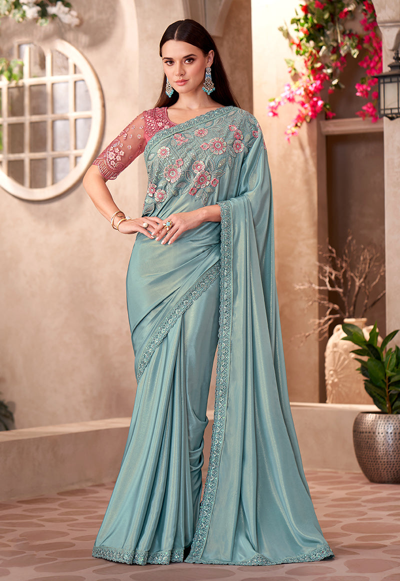 Monjolika Fashion Sky Blue Color Embroidery Work Chiffon Shimmer Silk Party Wear Saree | Grocsy
