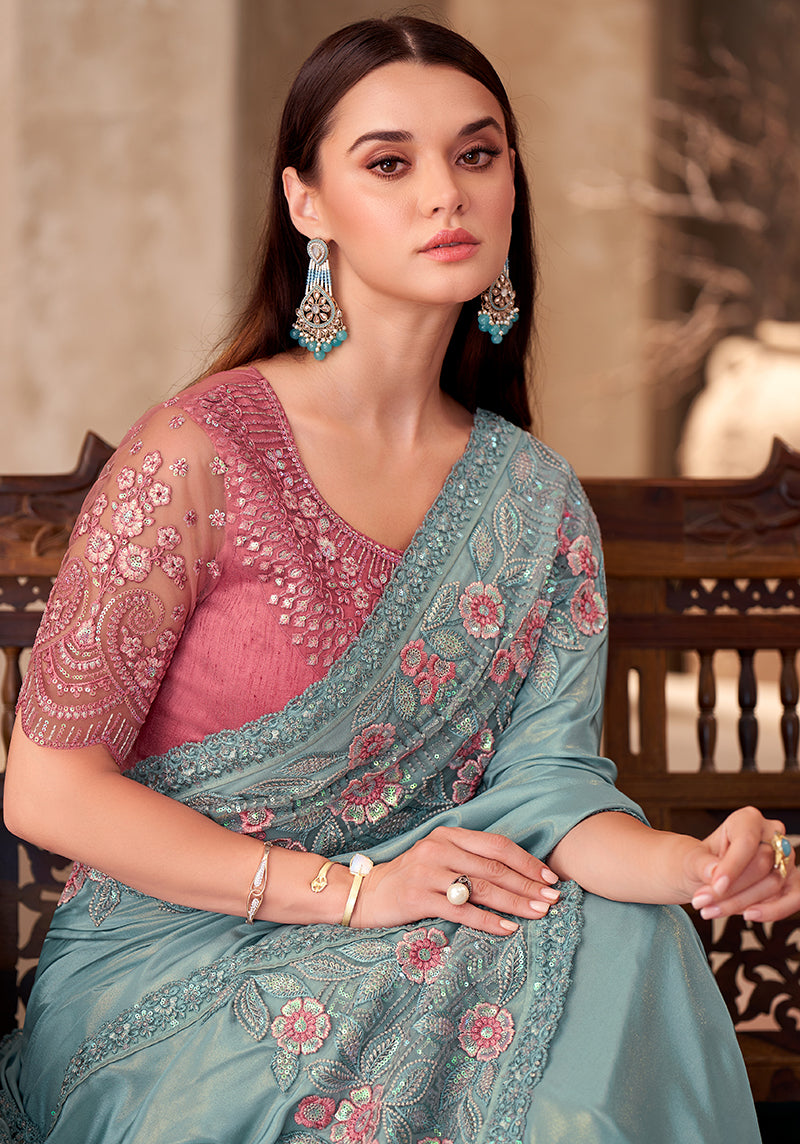 Monjolika Fashion Sky Blue Color Embroidery Work Chiffon Shimmer Silk Party Wear Saree | Grocsy