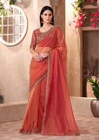 Monjolika Fashion Rust Color Embroidery Work Tissue Silk Party Wear Saree | Grocsy