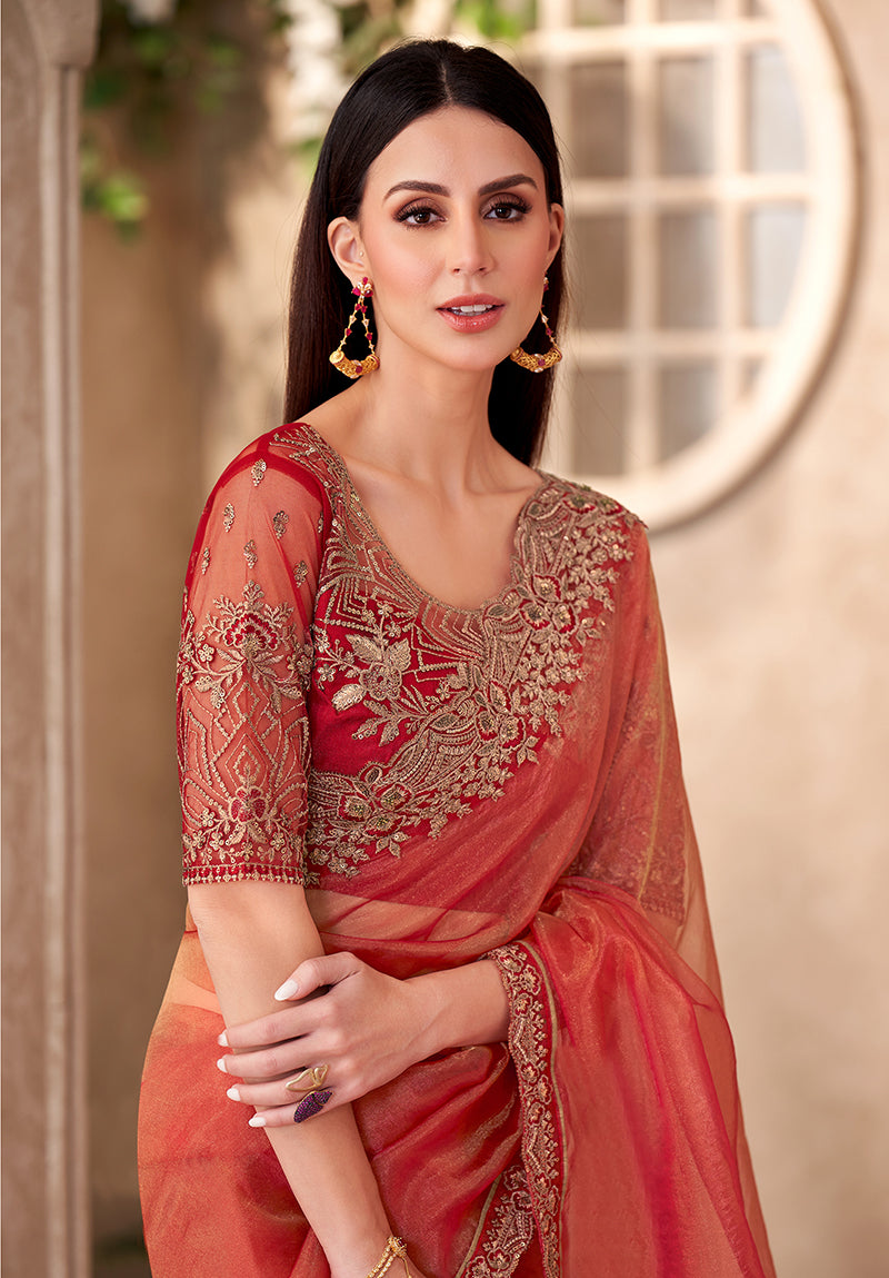 Monjolika Fashion Rust Color Embroidery Work Tissue Silk Party Wear Saree | Grocsy