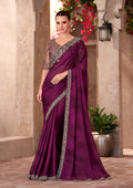Monjolika Fashion Burgundy Color Embroidery Work Satin Chiffon Party Wear Saree | Grocsy