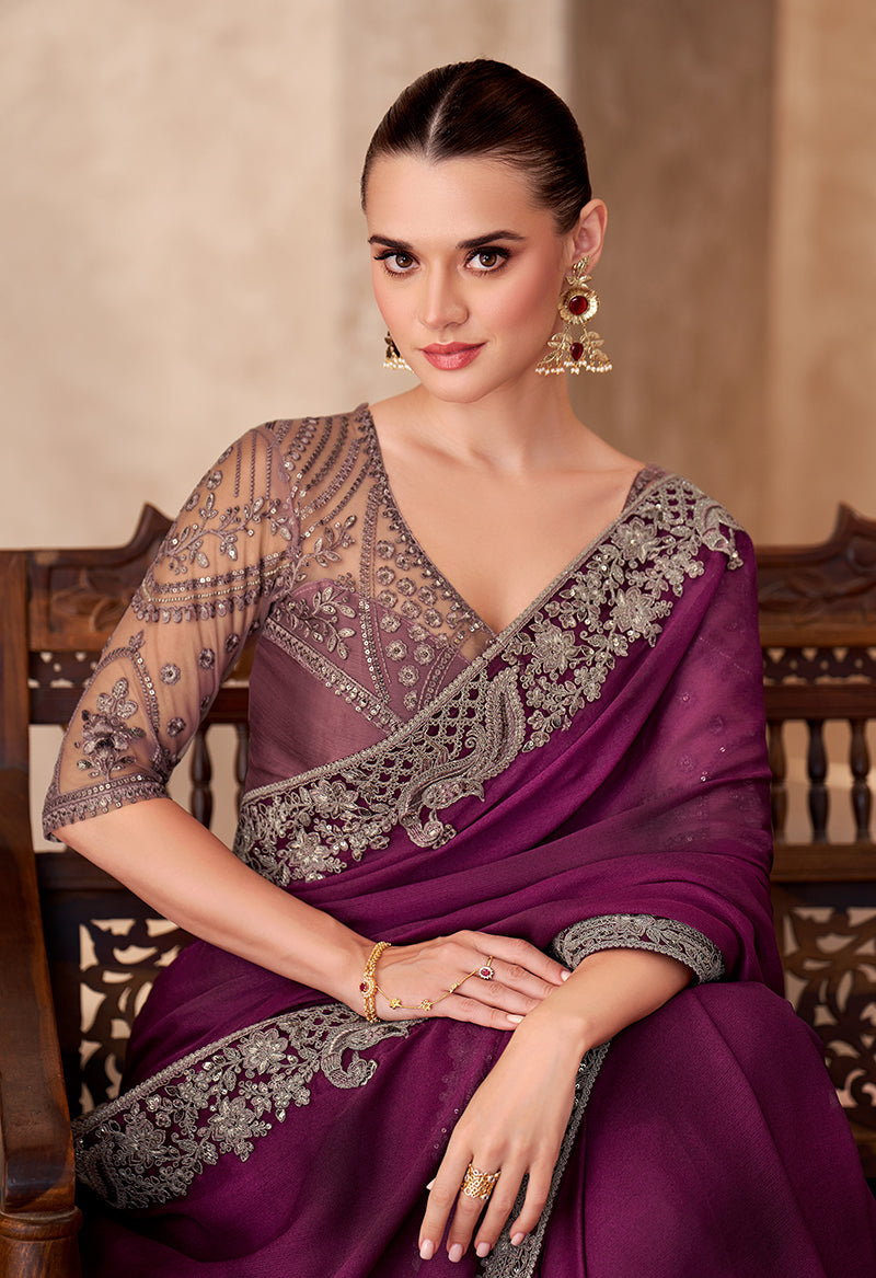 Monjolika Fashion Burgundy Color Embroidery Work Satin Chiffon Party Wear Saree | Grocsy