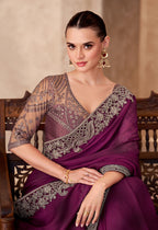 Monjolika Fashion Burgundy Color Embroidery Work Satin Chiffon Party Wear Saree | Grocsy
