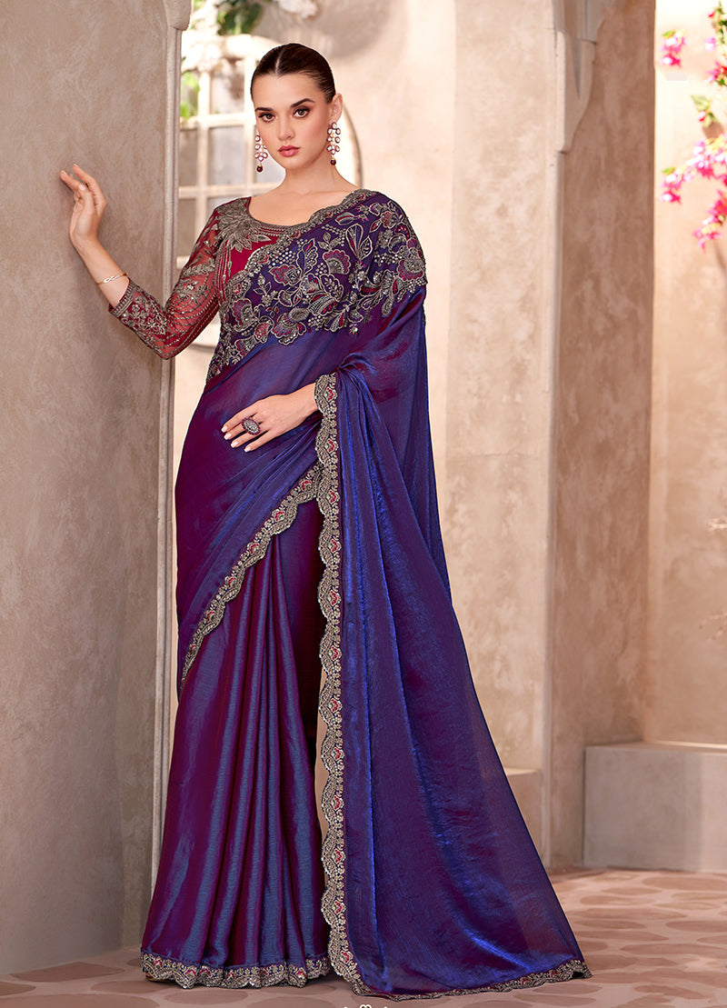 Monjolika Fashion Violet Color Embroidery Work Chiffon Silk Party Wear Saree | Grocsy
