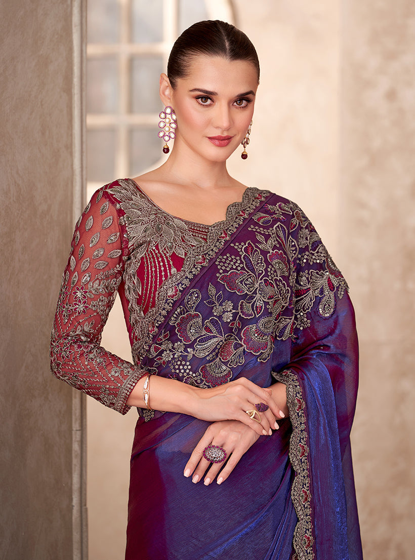 Monjolika Fashion Violet Color Embroidery Work Chiffon Silk Party Wear Saree | Grocsy