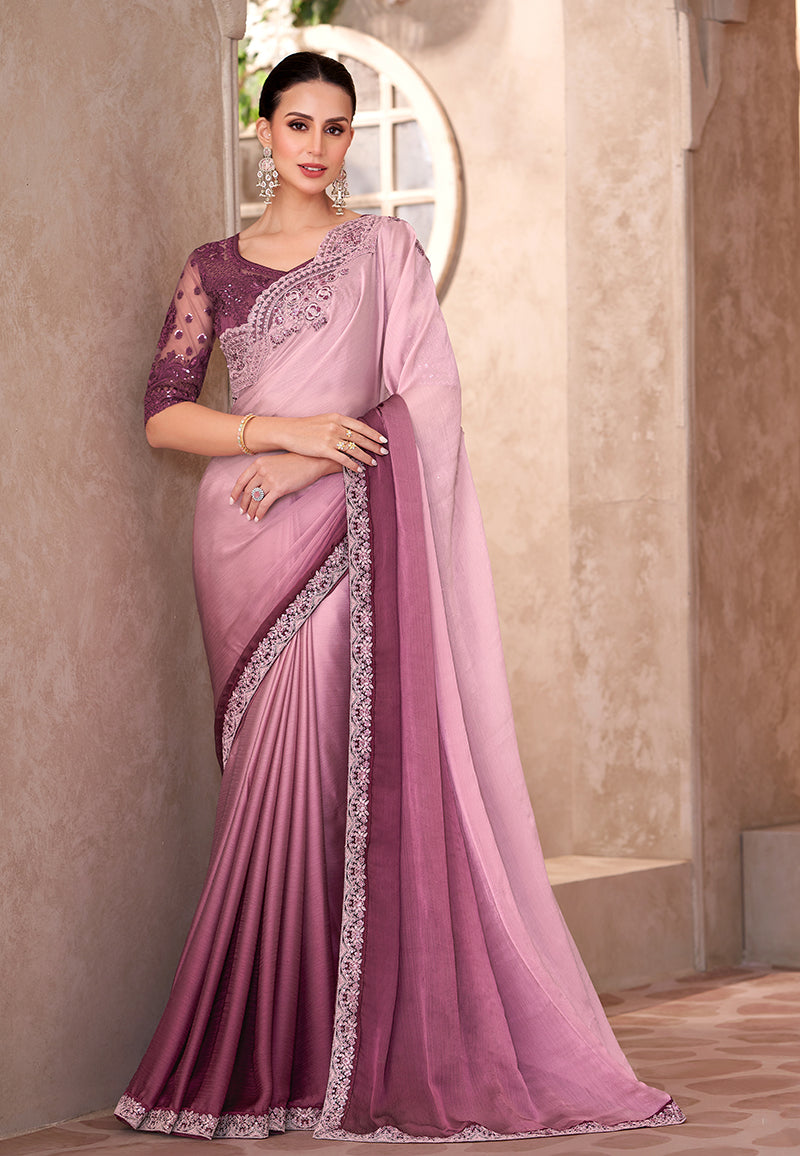 Monjolika Fashion Multicolor Embroidery Work Chiffon Silk Party Wear Saree | Grocsy