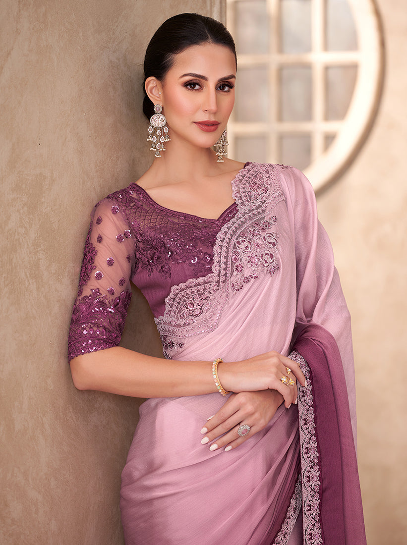 Monjolika Fashion Multicolor Embroidery Work Chiffon Silk Party Wear Saree | Grocsy
