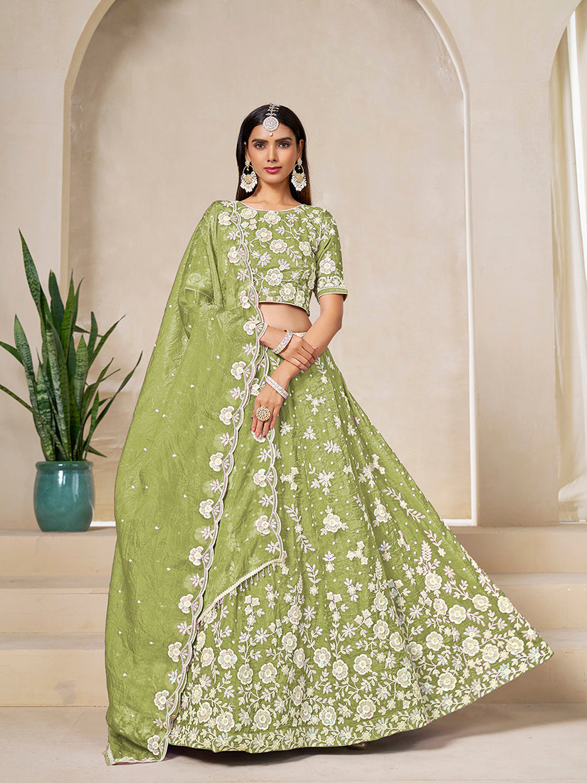 Monjolika Fashion Light Olive Embroidered Crush Organza Lehenga Choli | Grocsy