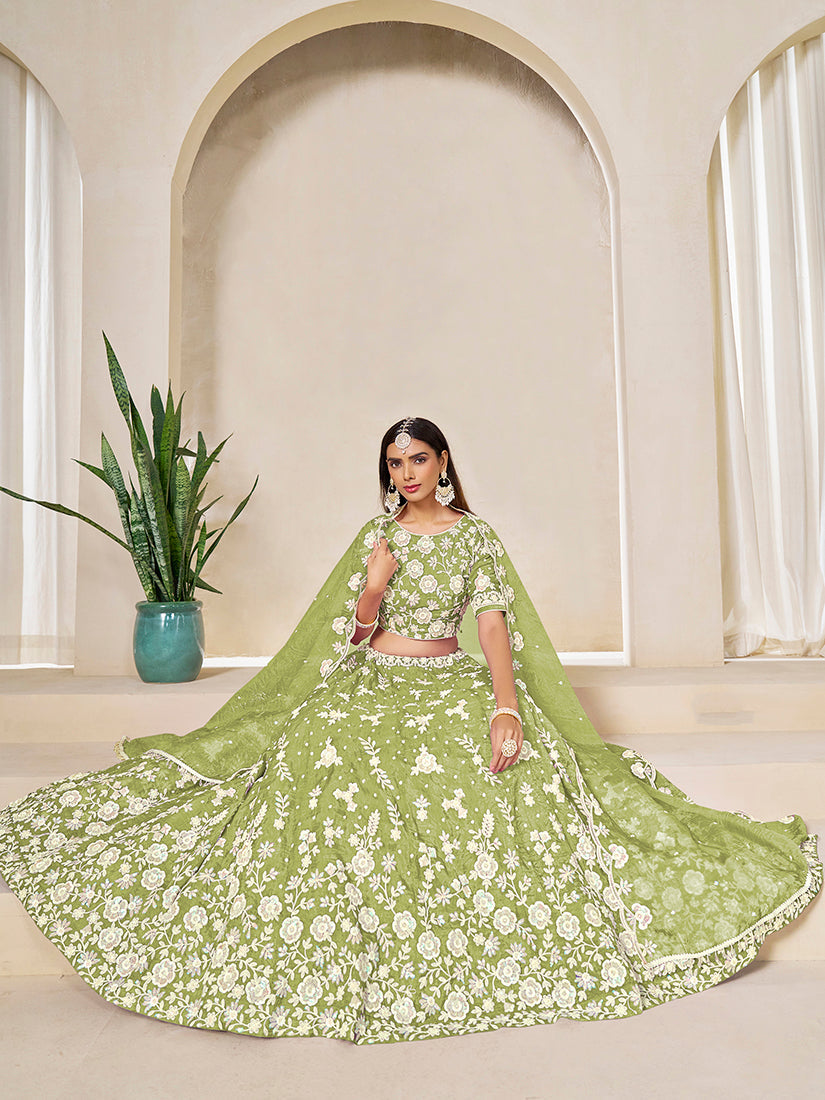 Monjolika Fashion Light Olive Embroidered Crush Organza Lehenga Choli | Grocsy