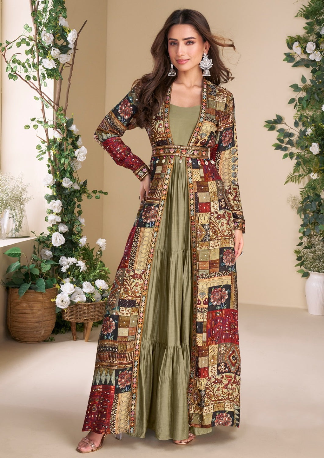 Anaita Olive Heavy Fox Georgette Anarkali Shrug Suit With Silk Print | Grocsy