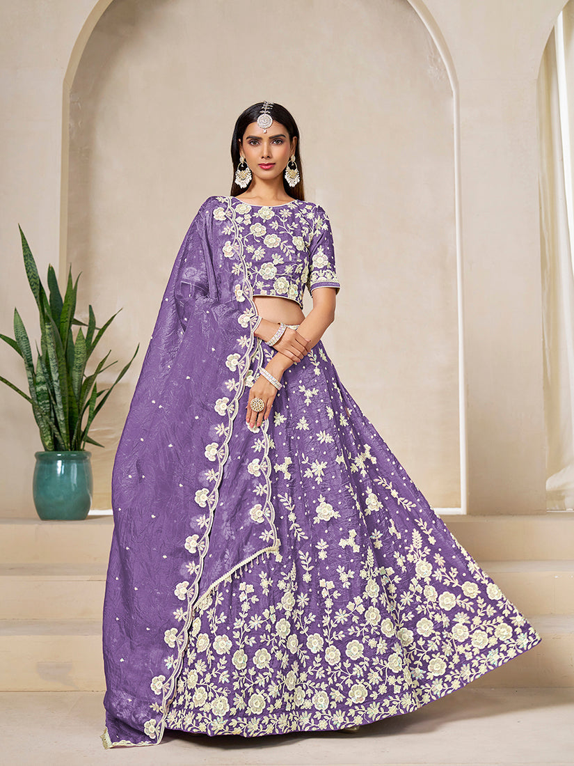 Monjolika Fashion Light Purple Embroidered Crush Organza Lehenga Choli | Grocsy