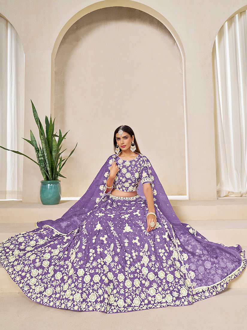 Monjolika Fashion Light Purple Embroidered Crush Organza Lehenga Choli | Grocsy