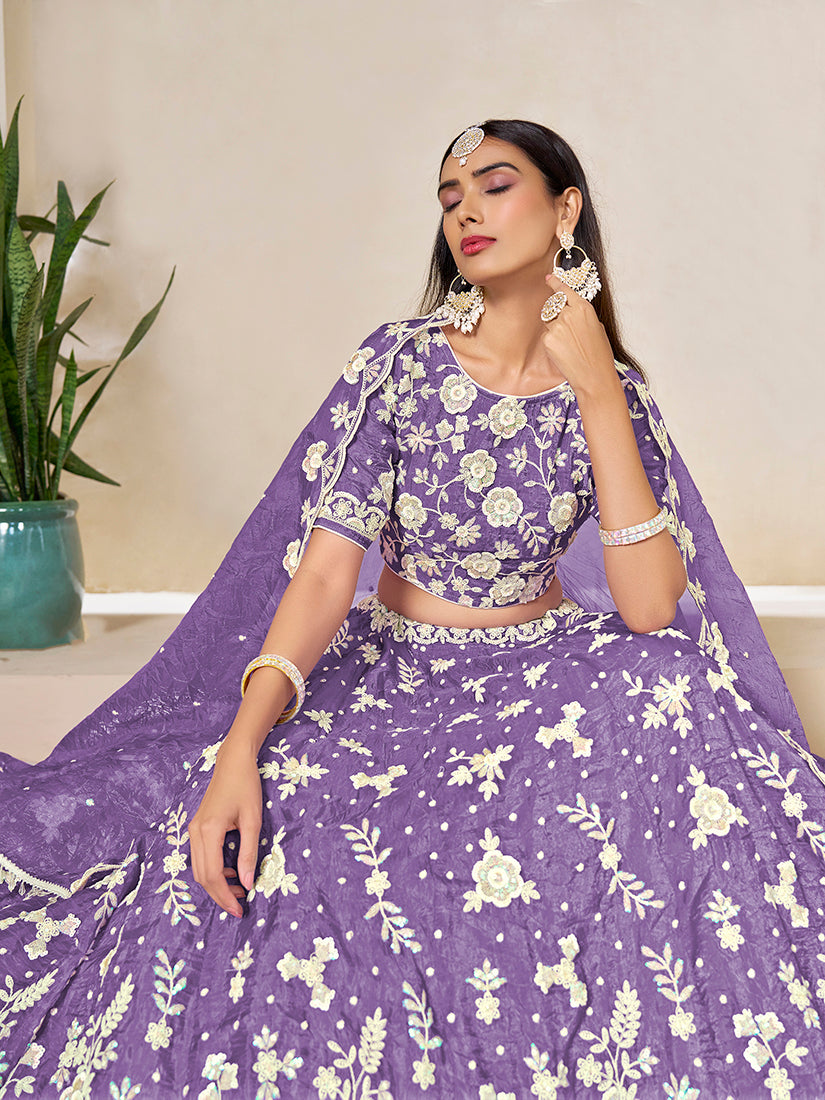 Monjolika Fashion Light Purple Embroidered Crush Organza Lehenga Choli | Grocsy