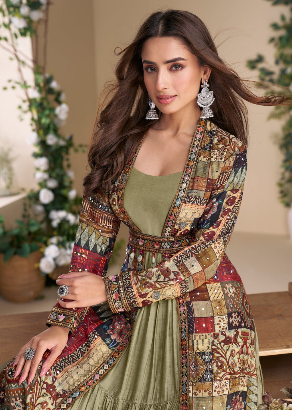 Anaita Olive Heavy Fox Georgette Anarkali Shrug Suit With Silk Print | Grocsy