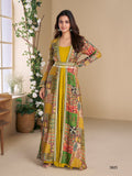 Anaita Yellow Heavy Fox Georgette Anarkali Shrug Suit With Silk Print | Grocsy