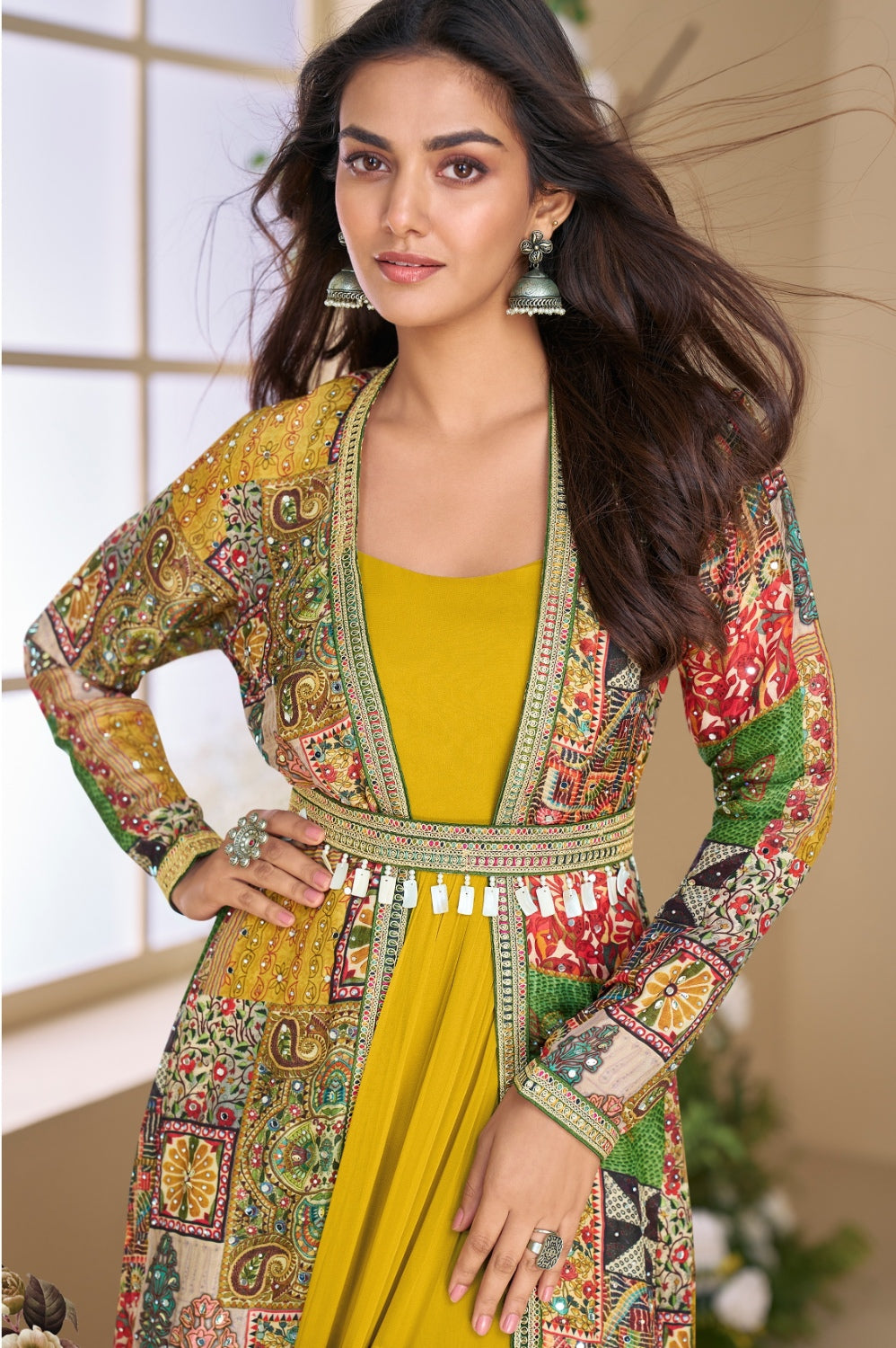 Anaita Yellow Heavy Fox Georgette Anarkali Shrug Suit With Silk Print | Grocsy