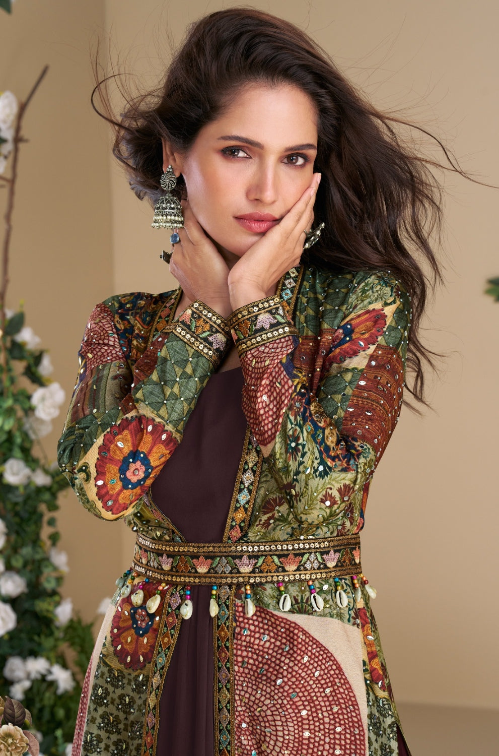 Anaita Brown Heavy Fox Georgette Anarkali Shrug Suit With Silk Print | Grocsy