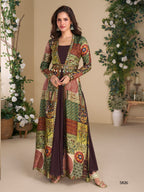 Anaita Brown Heavy Fox Georgette Anarkali Shrug Suit With Silk Print | Grocsy
