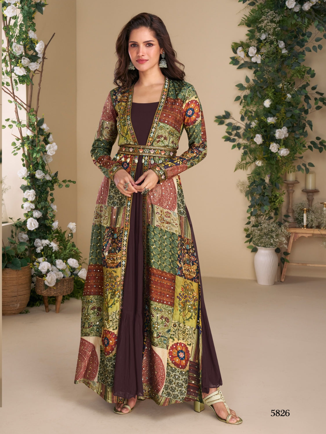 Anaita Brown Heavy Fox Georgette Anarkali Shrug Suit With Silk Print | Grocsy