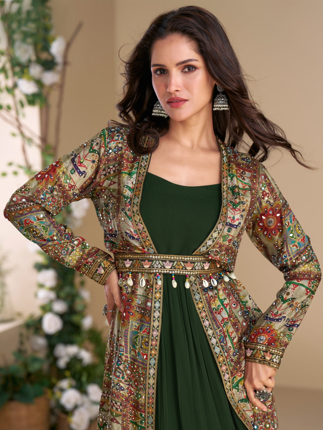 Anaita Dark Green Heavy Fox Georgette Anarkali Shrug Suit With Silk Print | Grocsy