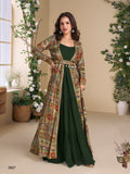 Anaita Dark Green Heavy Fox Georgette Anarkali Shrug Suit With Silk Print | Grocsy