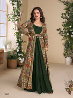 Anaita Dark Green Heavy Fox Georgette Anarkali Shrug Suit With Silk Print | Grocsy
