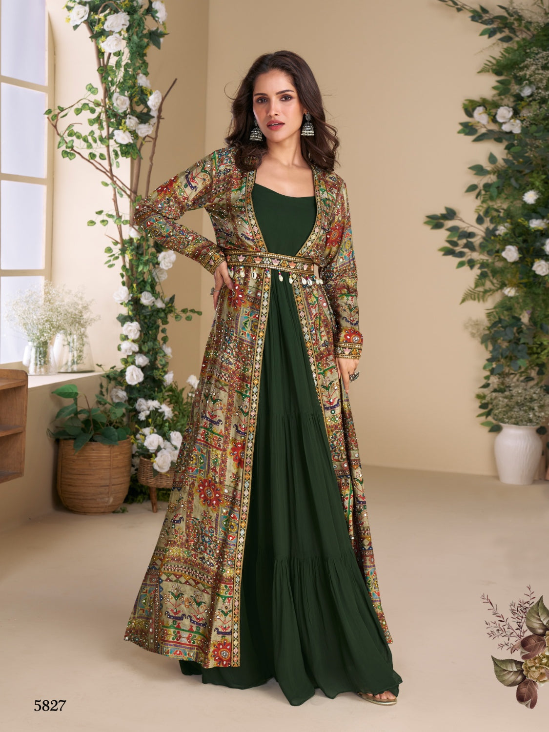 Anaita Dark Green Heavy Fox Georgette Anarkali Shrug Suit With Silk Print | Grocsy