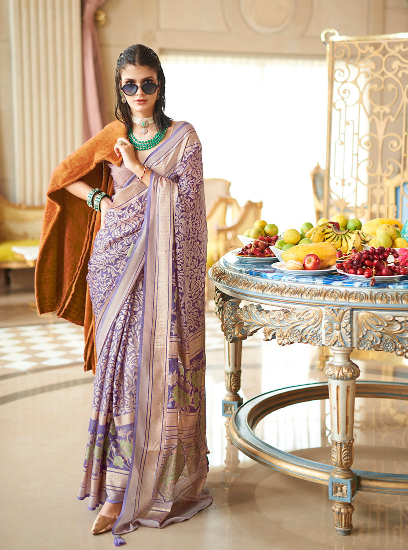 Monjolika Fashion Lavender Fancy Foil Print Work Georgette Classic Saree | Grocsy