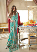 Monjolika Fashion Turquoise Fancy Foil Print Work Georgette Classic Saree | Grocsy