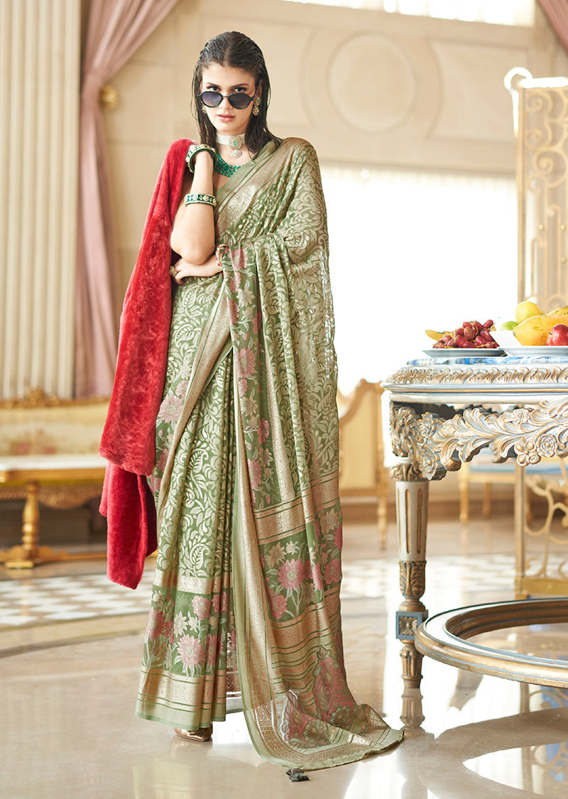 Monjolika Fashion Light Green Fancy Foil Print Work Georgette Classic Saree | Grocsy
