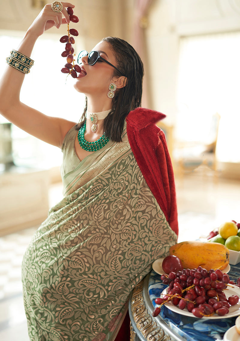 Monjolika Fashion Light Green Fancy Foil Print Work Georgette Classic Saree | Grocsy