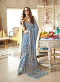 Monjolika Fashion Light Blue Fancy Foil Print Work Georgette Classic Saree | Grocsy