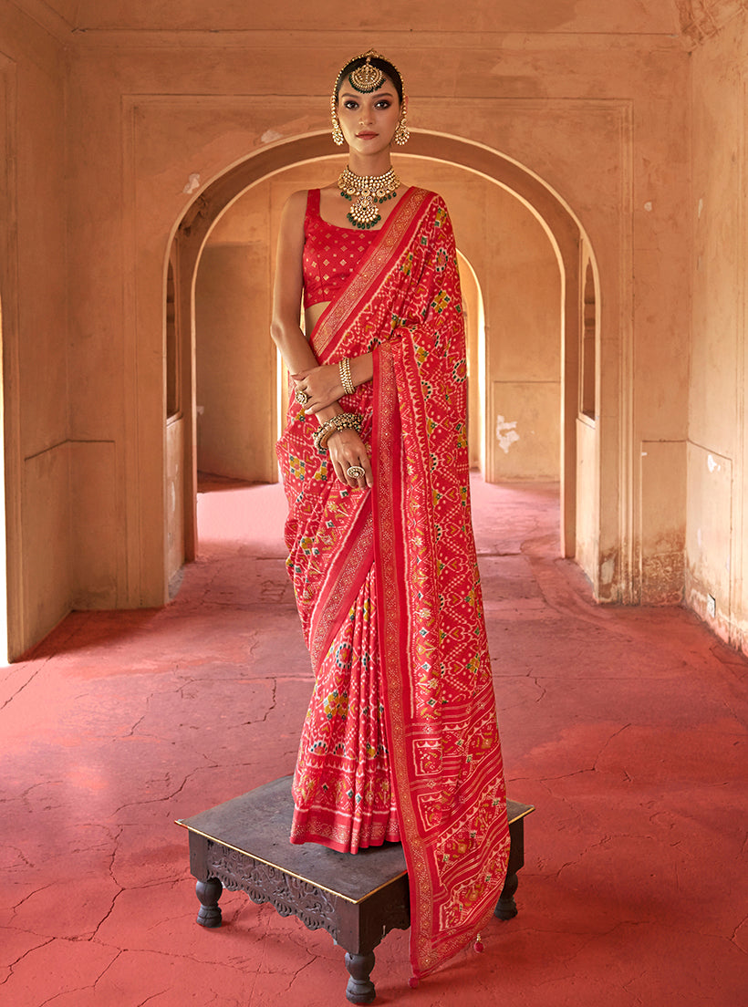 Monjolika Fashion Red Silk Patola Design Saree for Festival | Grocsy