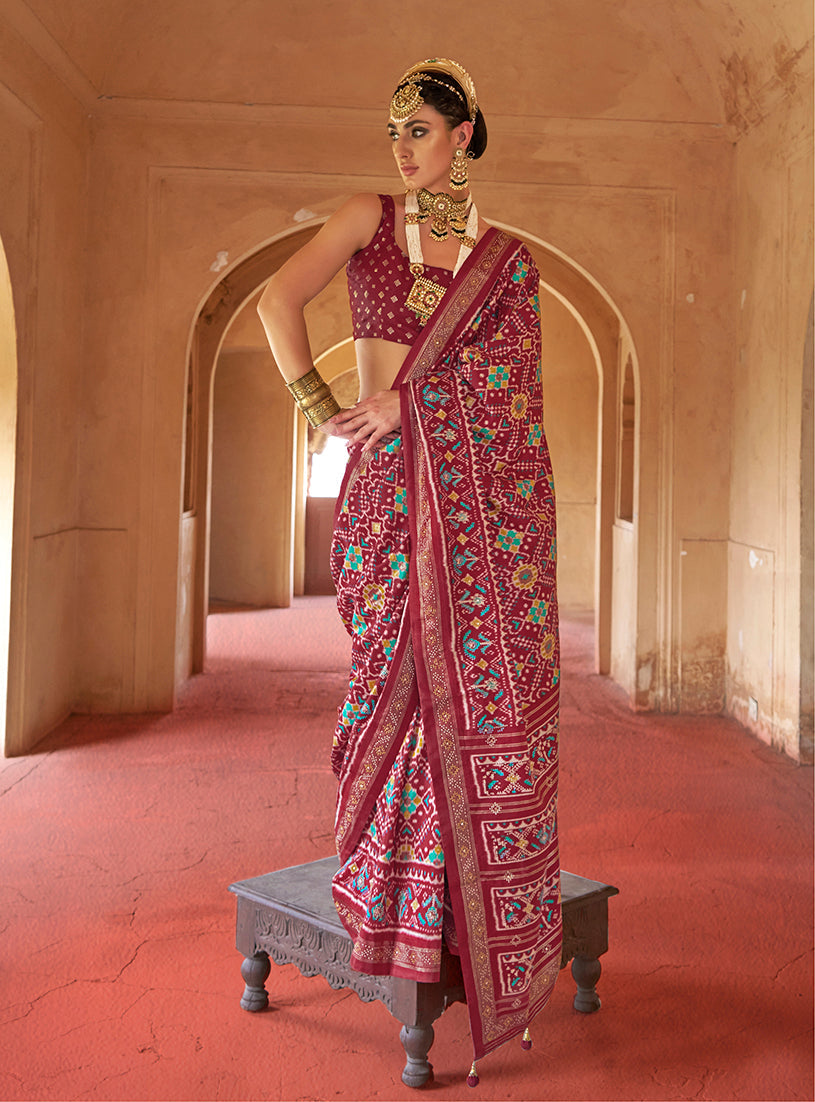 Monjolika Fashion Maroon Silk Patola Design Saree for Festival | Grocsy