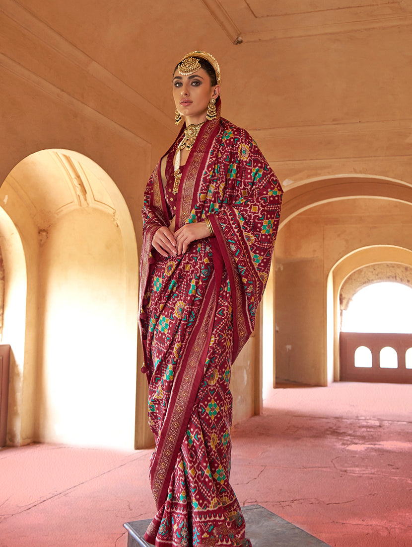 Monjolika Fashion Maroon Silk Patola Design Saree for Festival | Grocsy